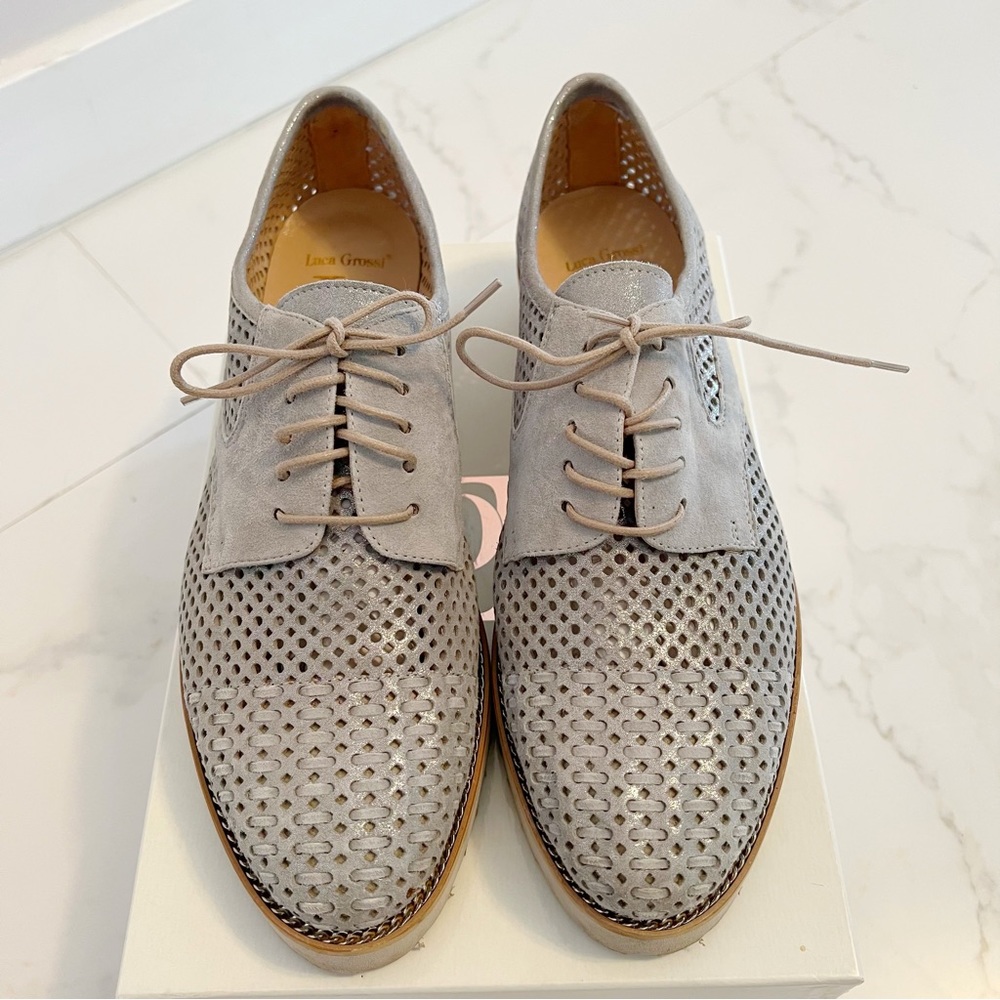 ITALIAN Luca Grossi Sparkly Gray Suede Silver Lace-Up Shoes - Picture 3 of 16